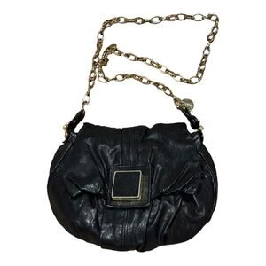 Gustto soft black leather shoulder back with gold hardware and strap